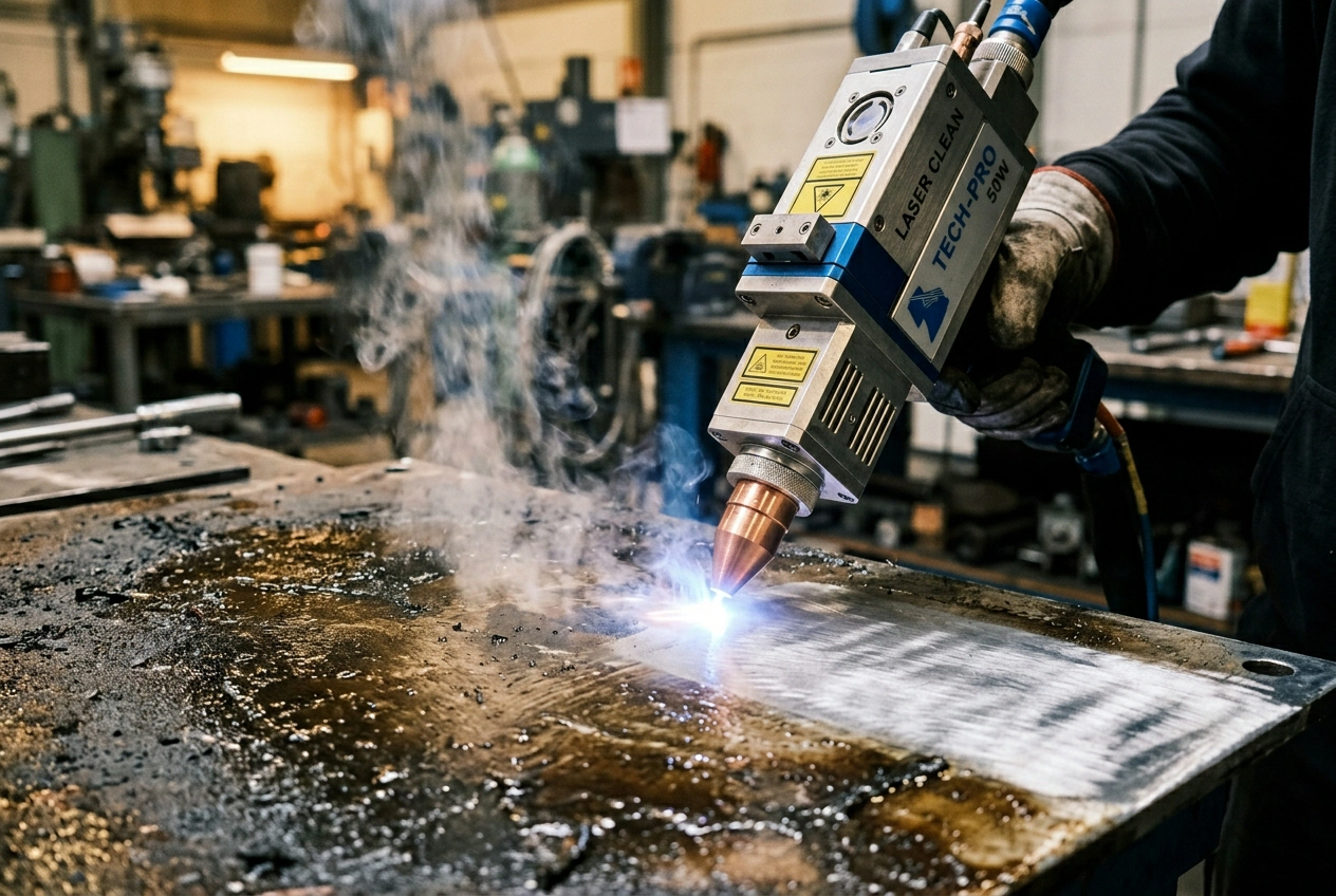 Pulsed laser cleaning head used for dry degreasing