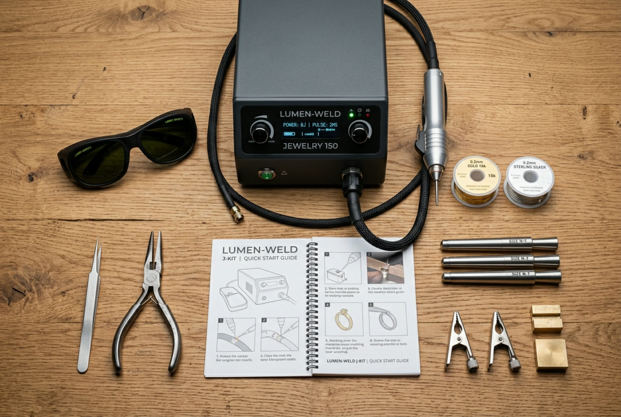 Jewelry welding kit tools and components laid out on a workbench