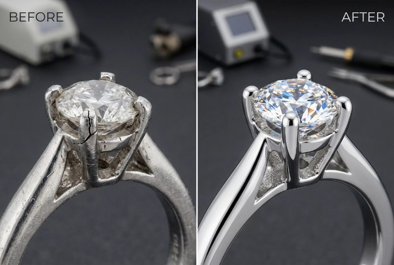 Platinum ring shank repair welding before and after thumbnail
