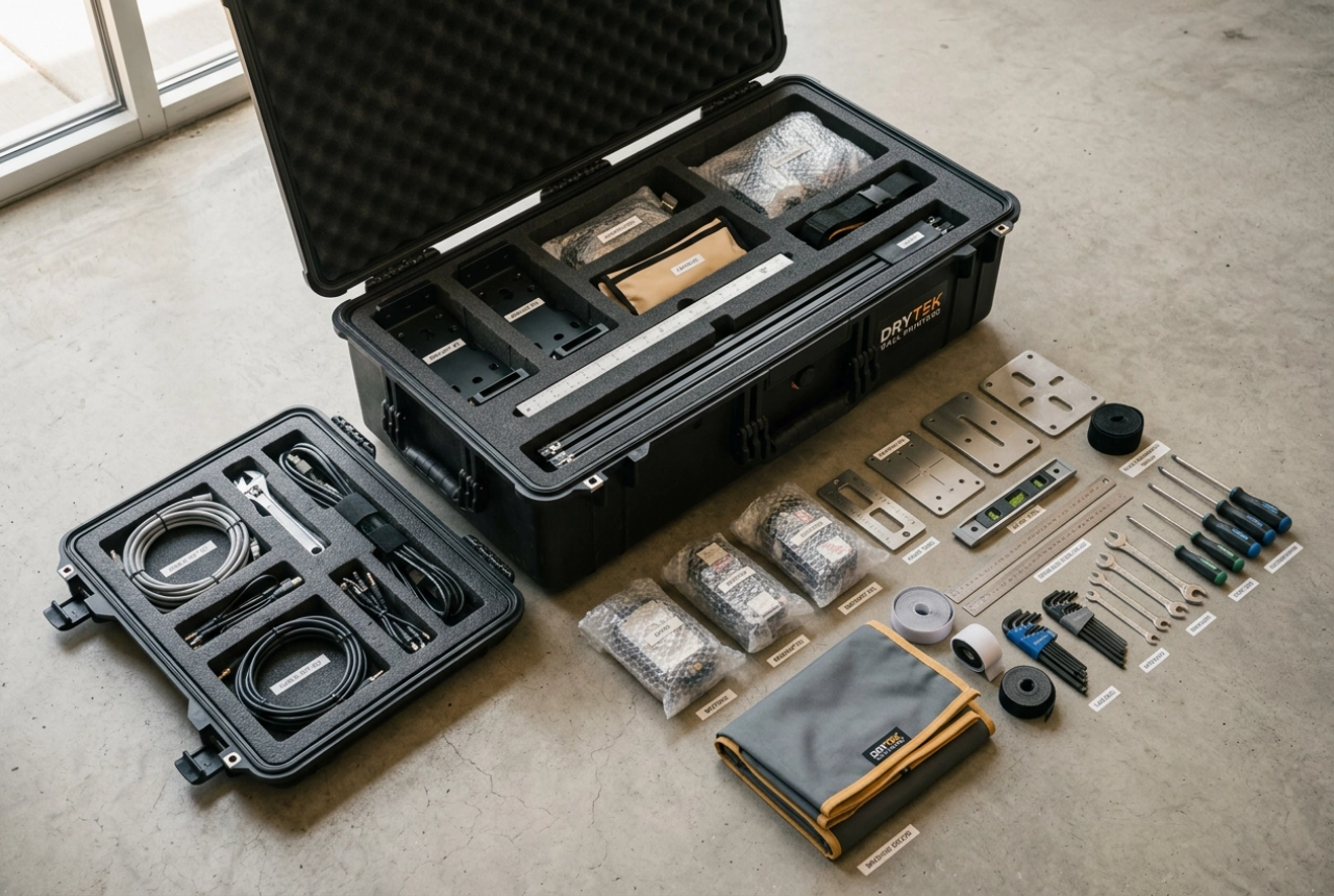 An open transport case with wall printer accessories laid out for a job — mounts, calibration tools, covers and packing, clocked like a packing list