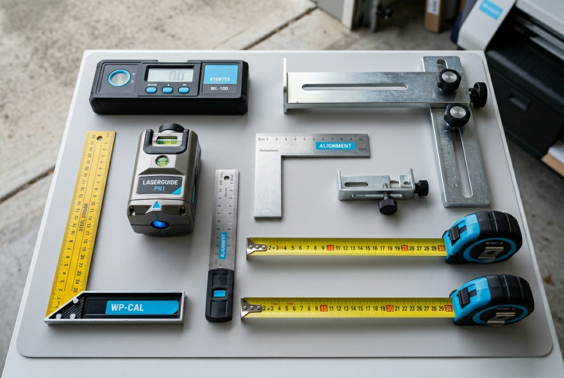 Calibration and setup tools that align and level a wall printer before the first job