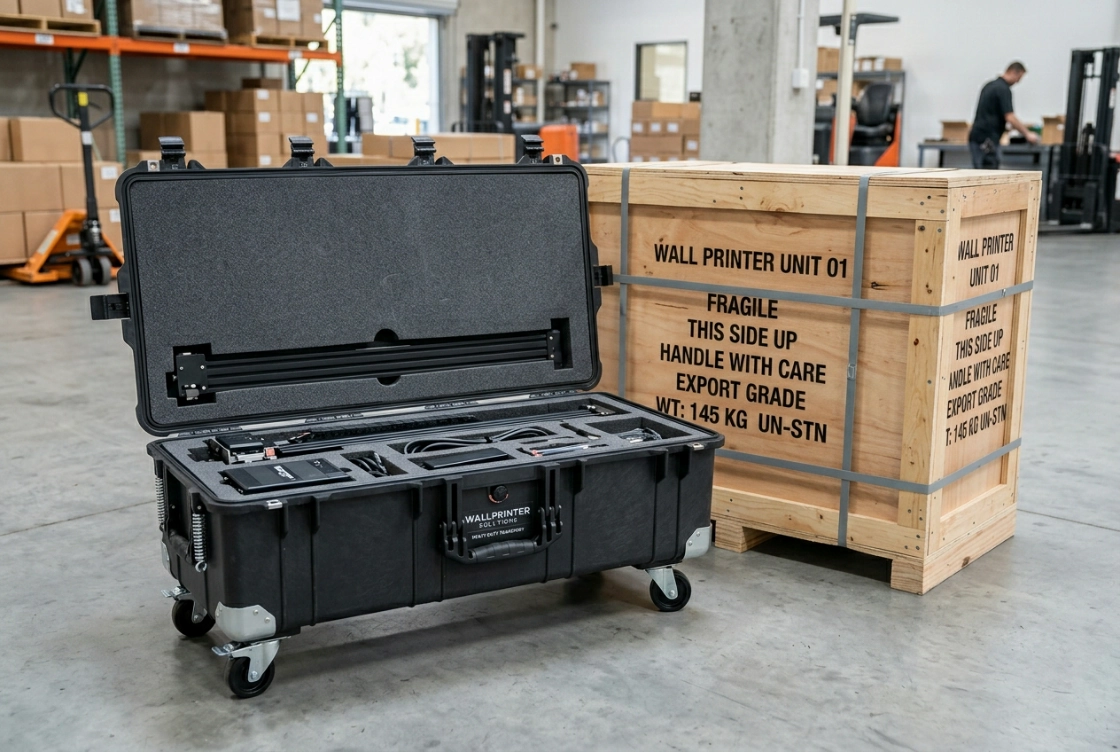 Transport case and crate that move a wall printer to a job and back without damage