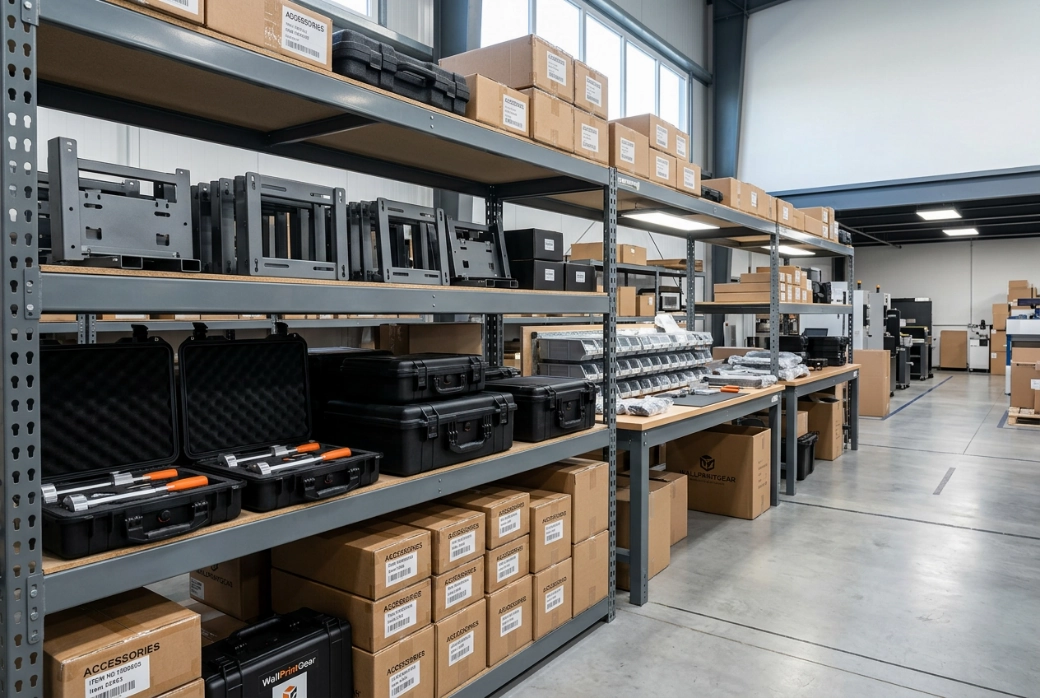 In-house stock of matched wall printer accessories on the factory floor, ready to pack to your machine