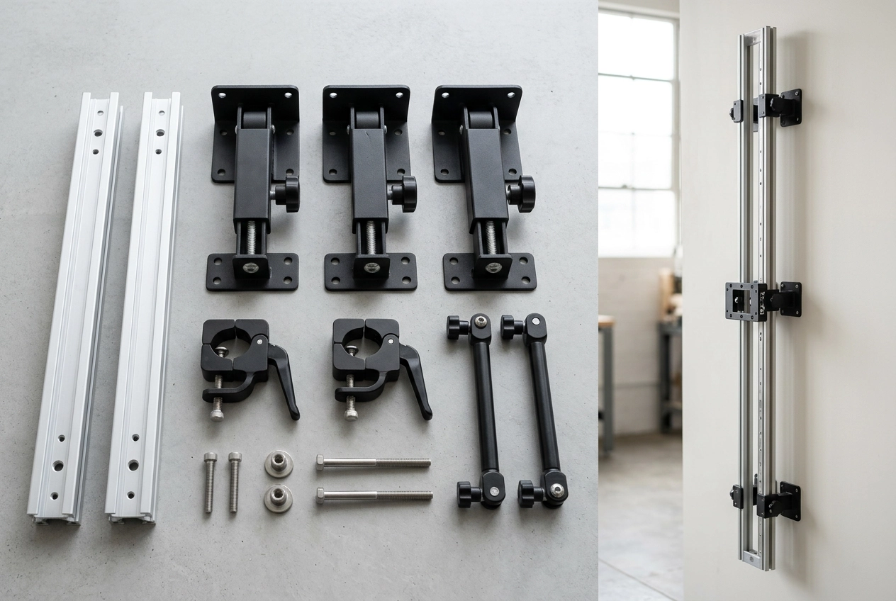 Wall printer mount and rail hardware that stands a machine against the surface and holds it steady