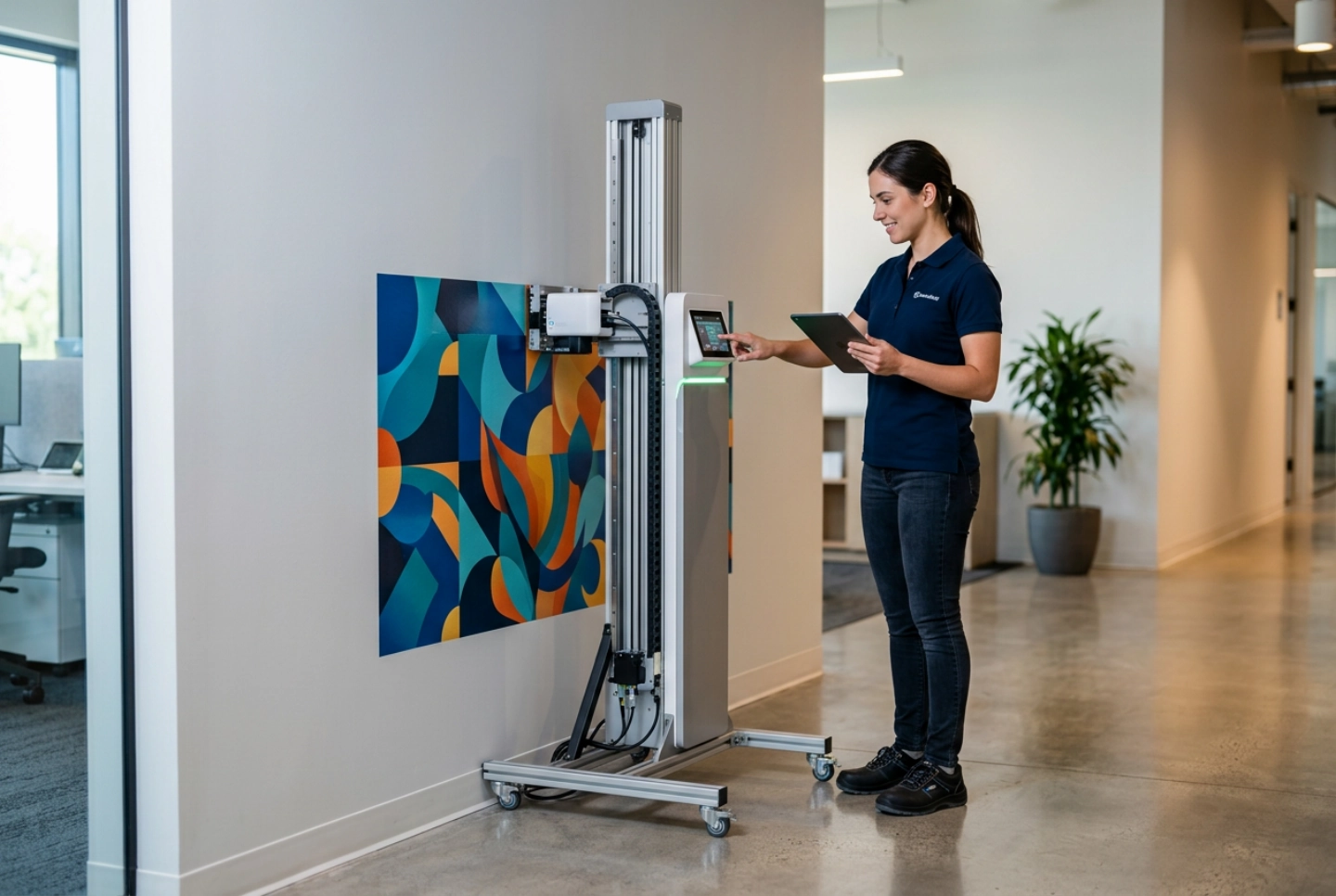 One operator setting up a compact entry vertical wall printer against an indoor wall, mid-print, no scaffolding