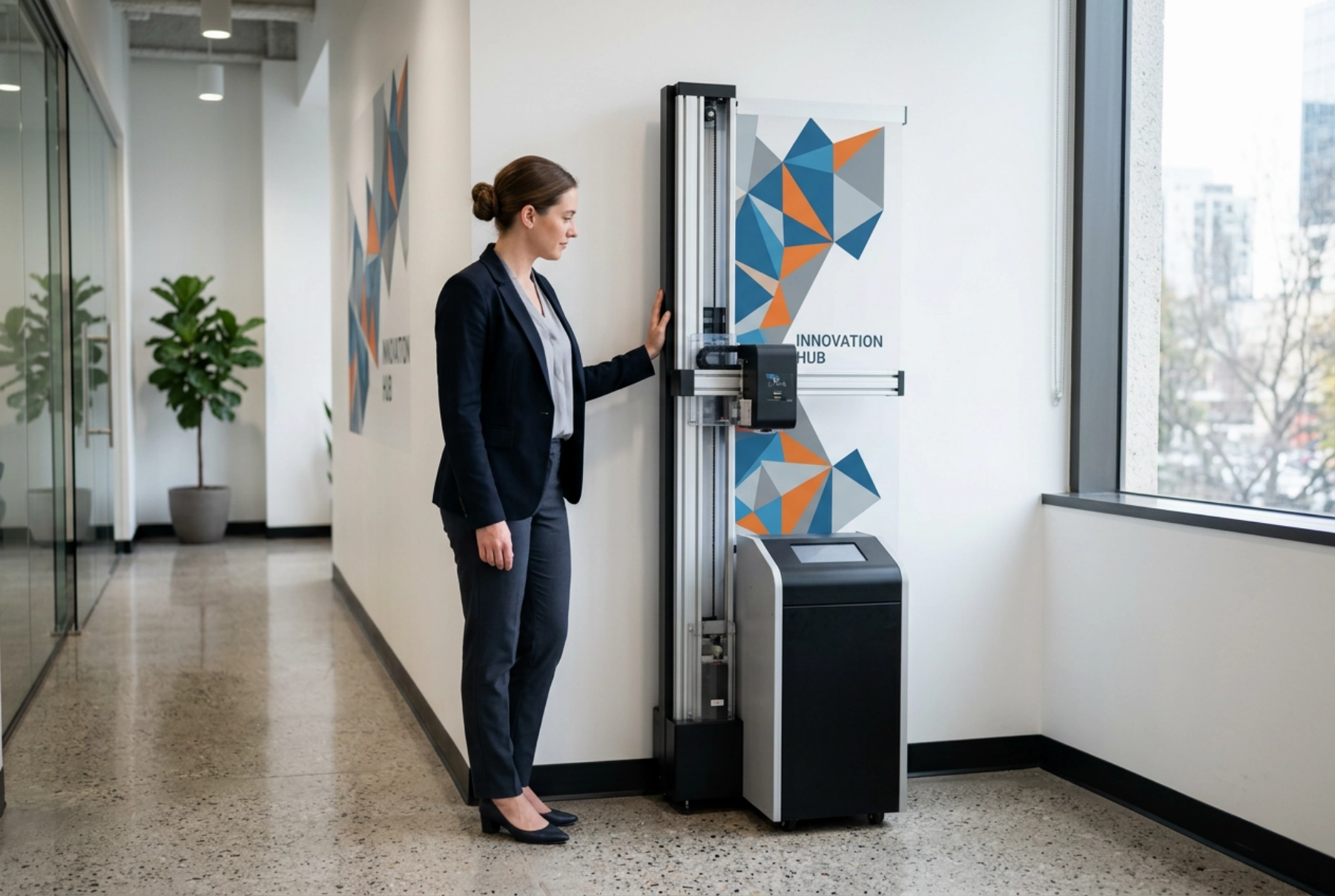 The compact entry vertical wall printer standing against an indoor wall, showing its small footprint and single-operator scale