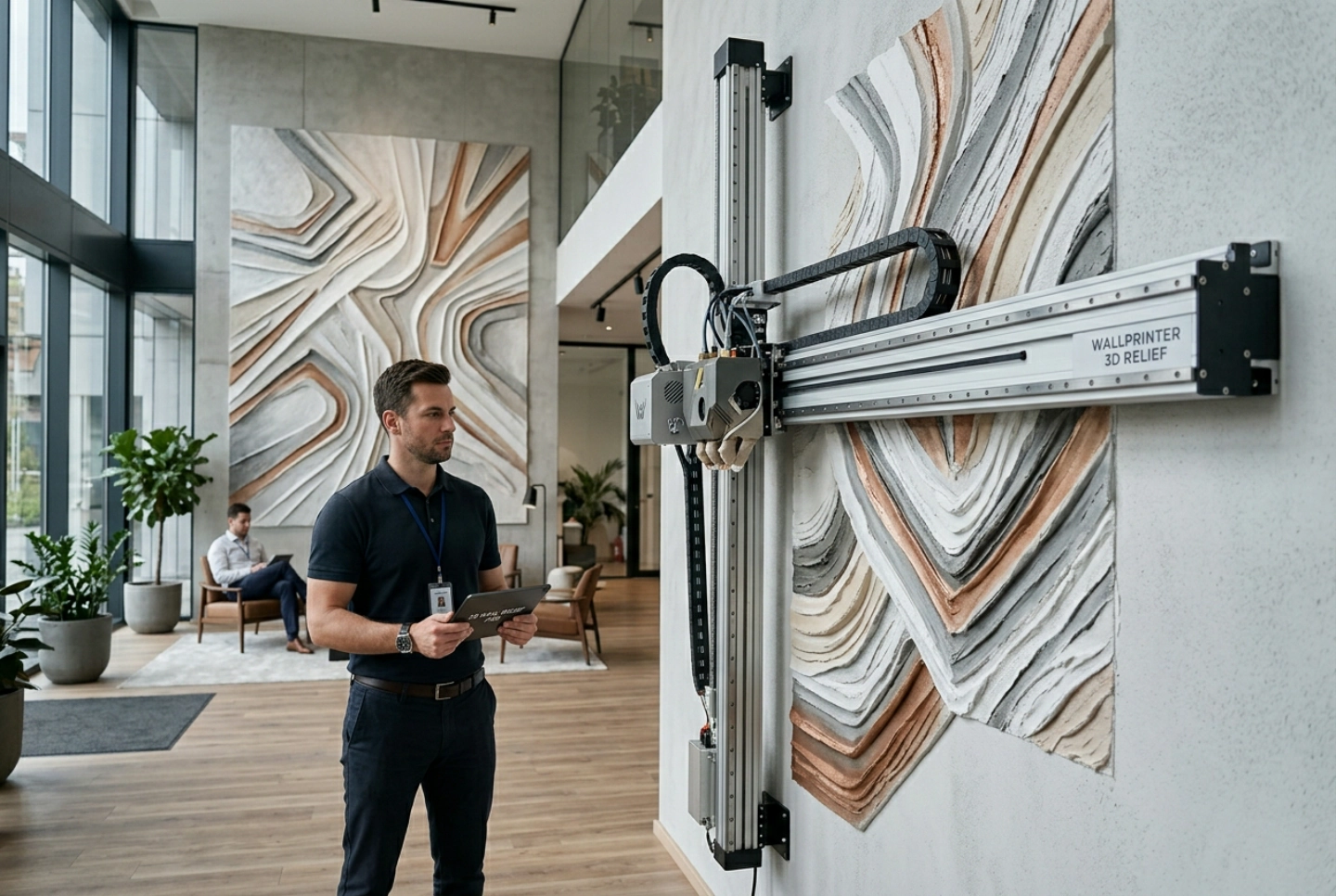 Wall printer machine in 3D relief config — dimensional, textured wall output on the 3-axis rig