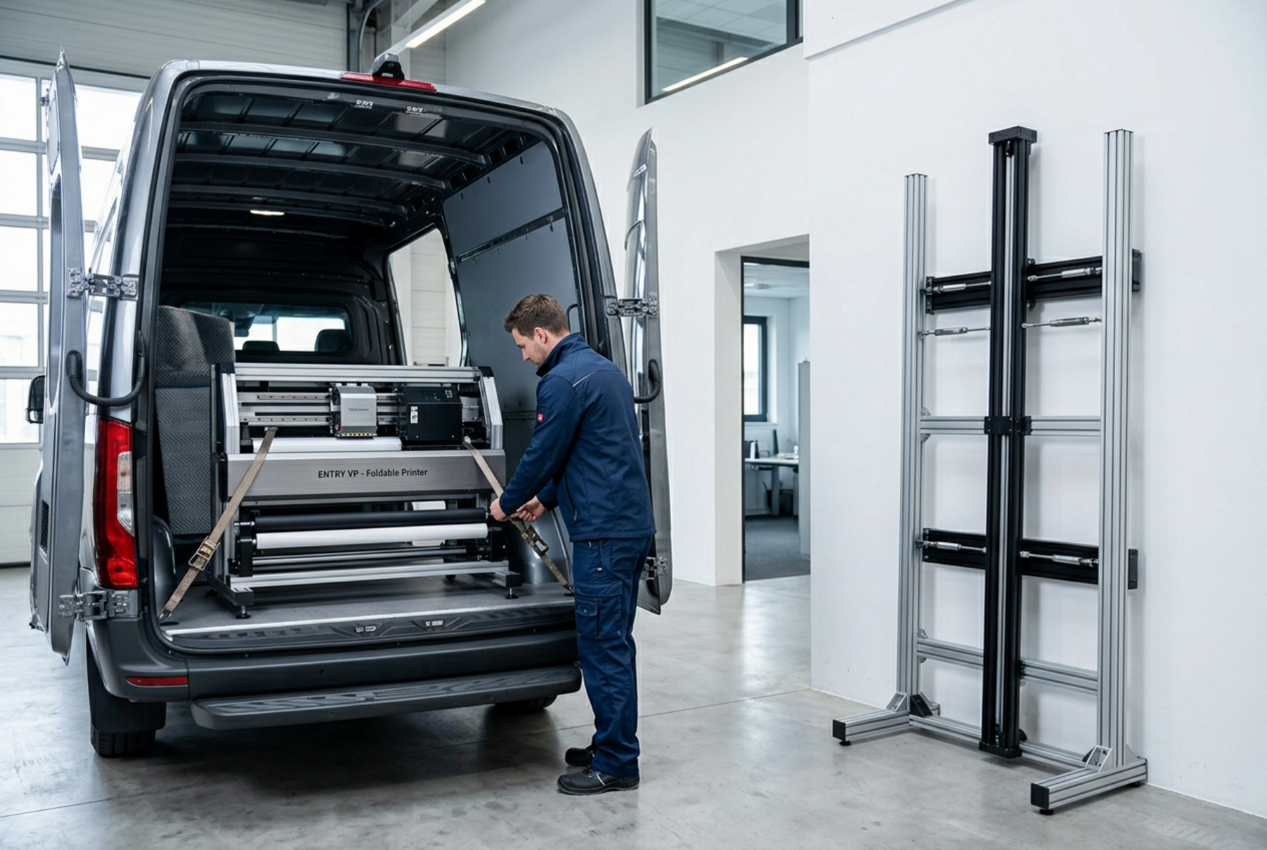 The entry vertical printer folded flat and loaded into a mid-size van, and the self-supporting rail standing free against an indoor wall