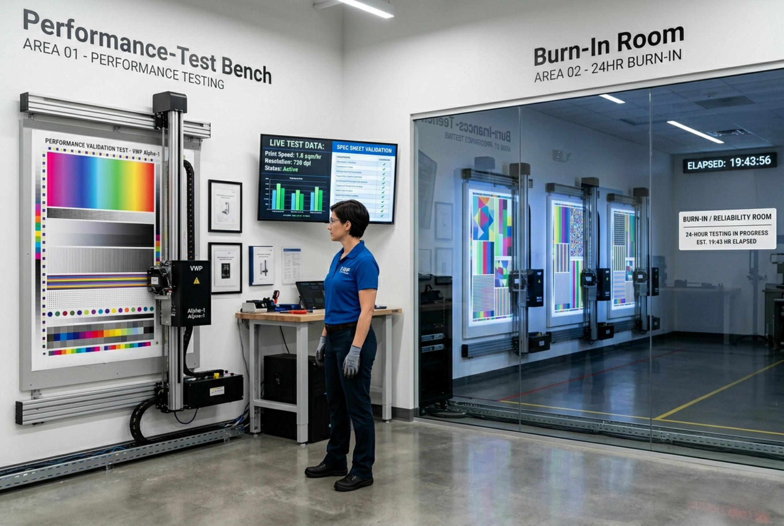 The performance-test bench measuring an entry vertical wall printer against its spec sheet, and the burn-in room running 24-hour test patterns