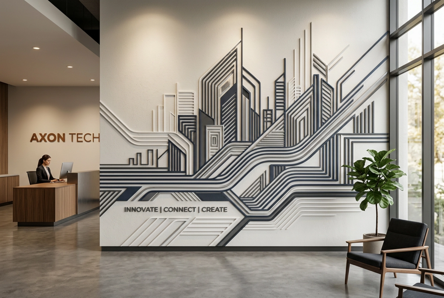 3D wall printer config output — raised, tactile dimensional relief on a feature wall