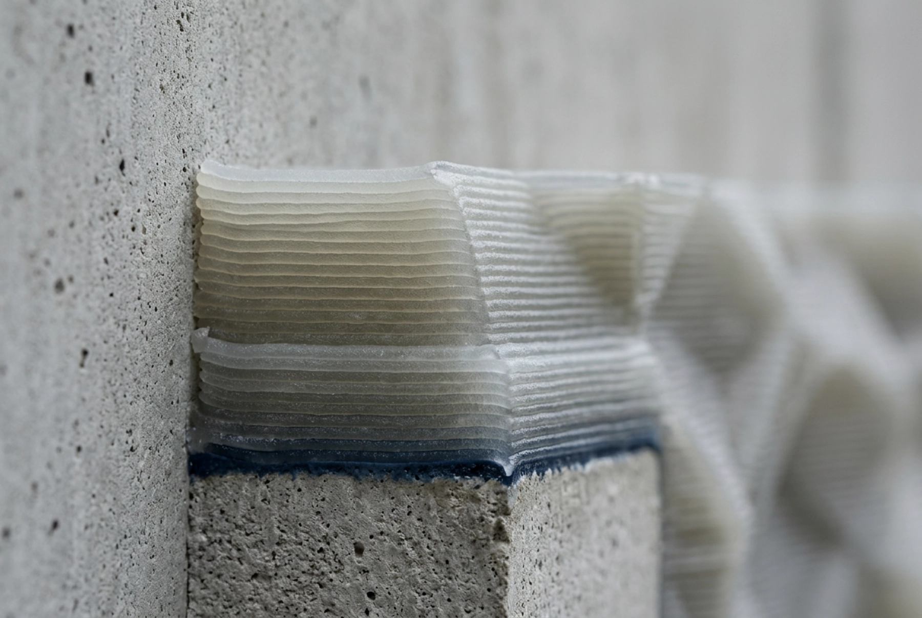 Macro cross-section of layered UV-gel 3D relief built pass over pass by the wall printer machine
