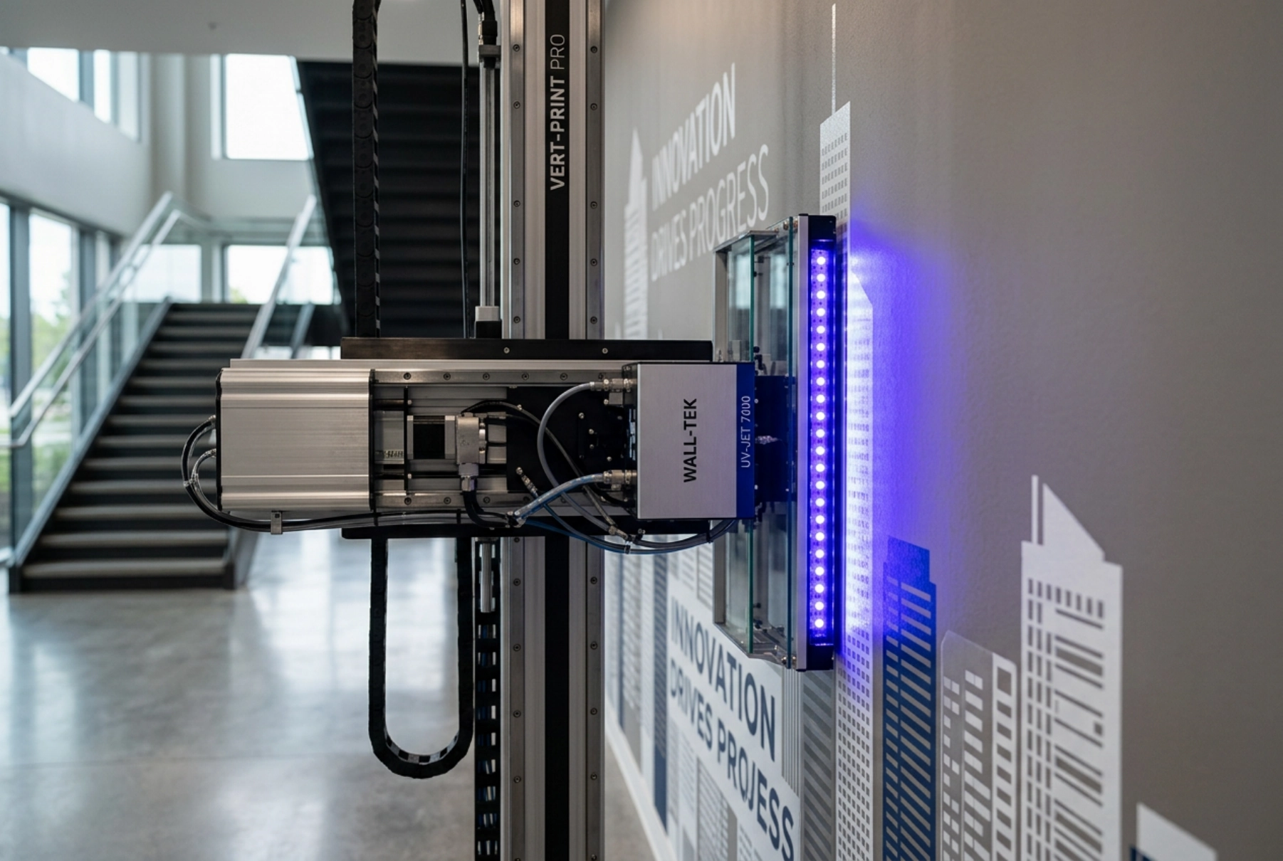 UV LED curing array locking each printed pass on contact on the wall printer machine