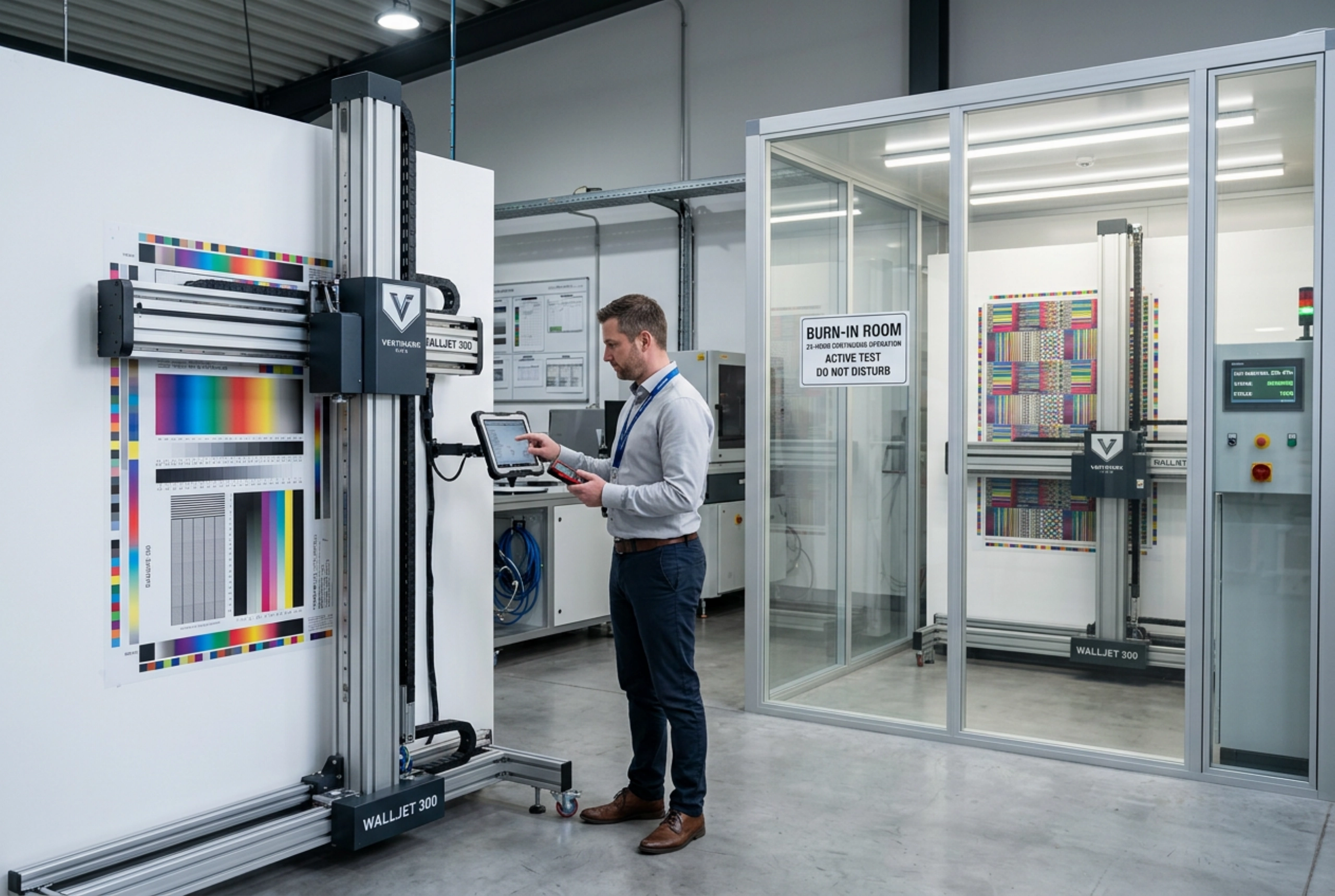 Performance-test bench measuring a wall printer machine against its spec sheet, and the burn-in room running 24-hour test patterns
