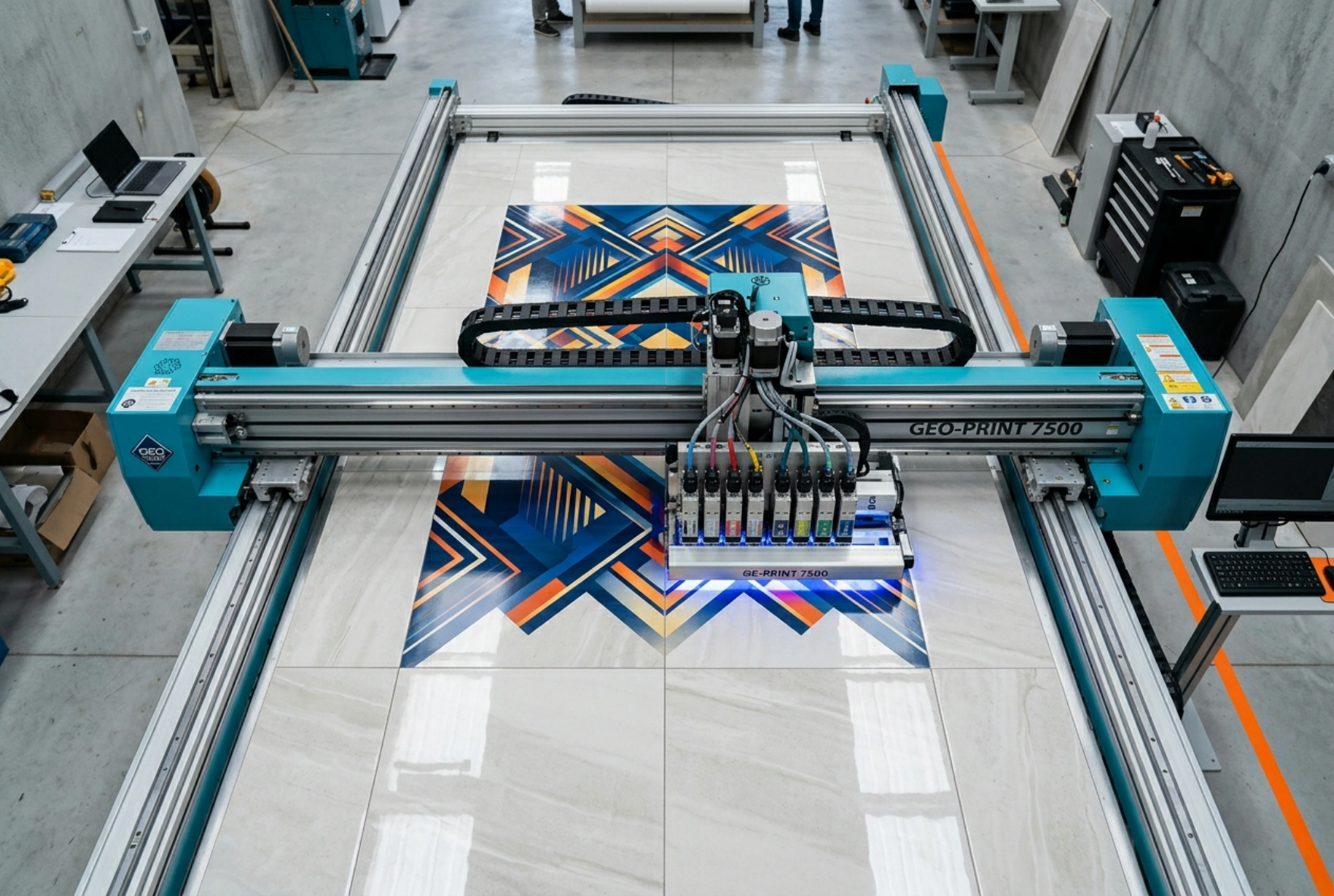 Overhead view of a horizontal floor printer printing a graphic face-down onto a tiled floor, cross-surface setup