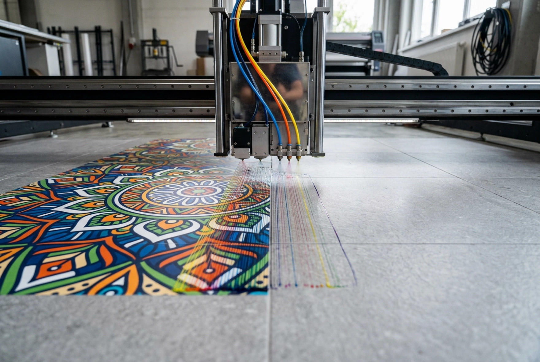 The printed floor graphic appearing on the floor beneath the print head as the machine prints