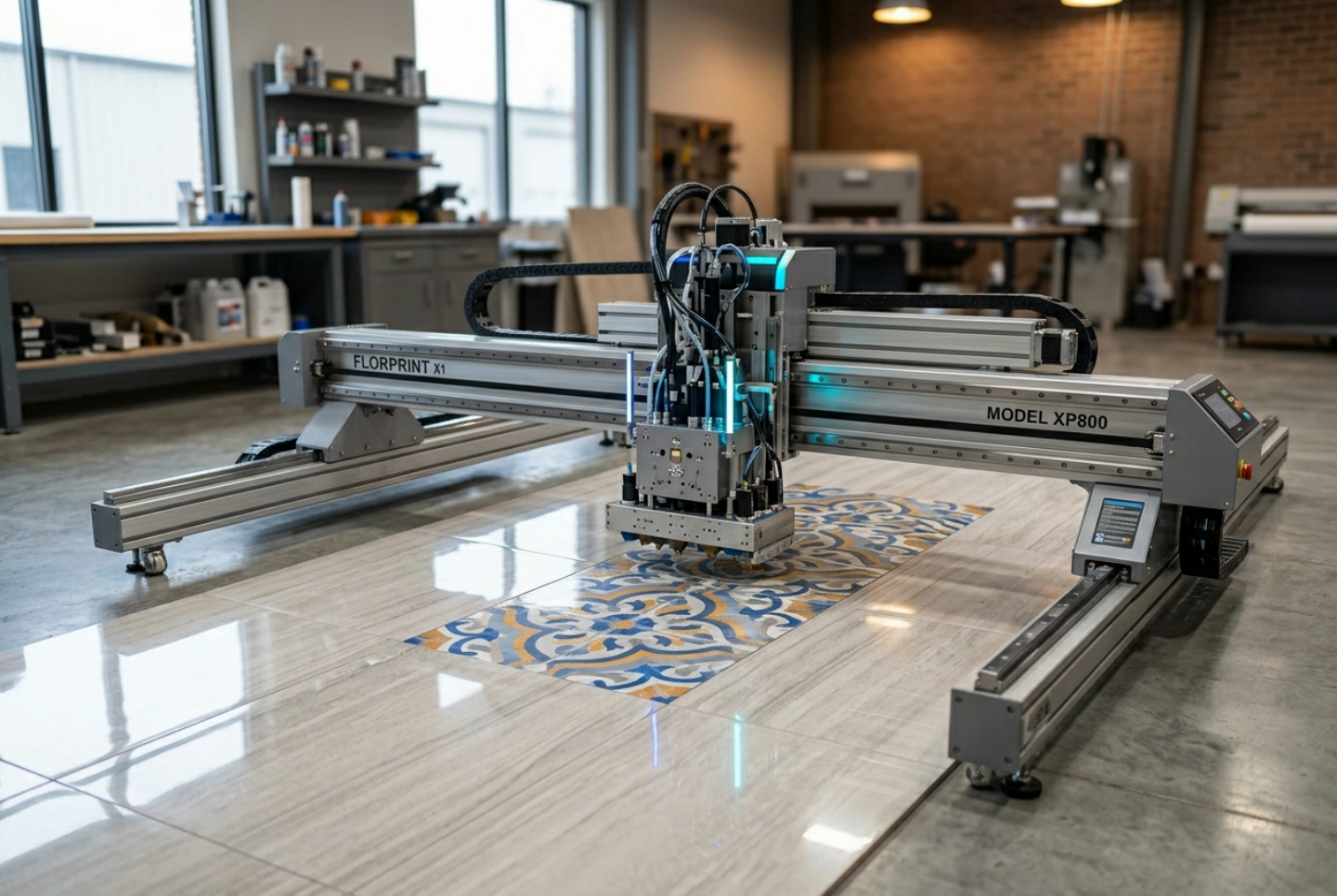 The horizontal floor printer set up over a floor surface with the print head facing down