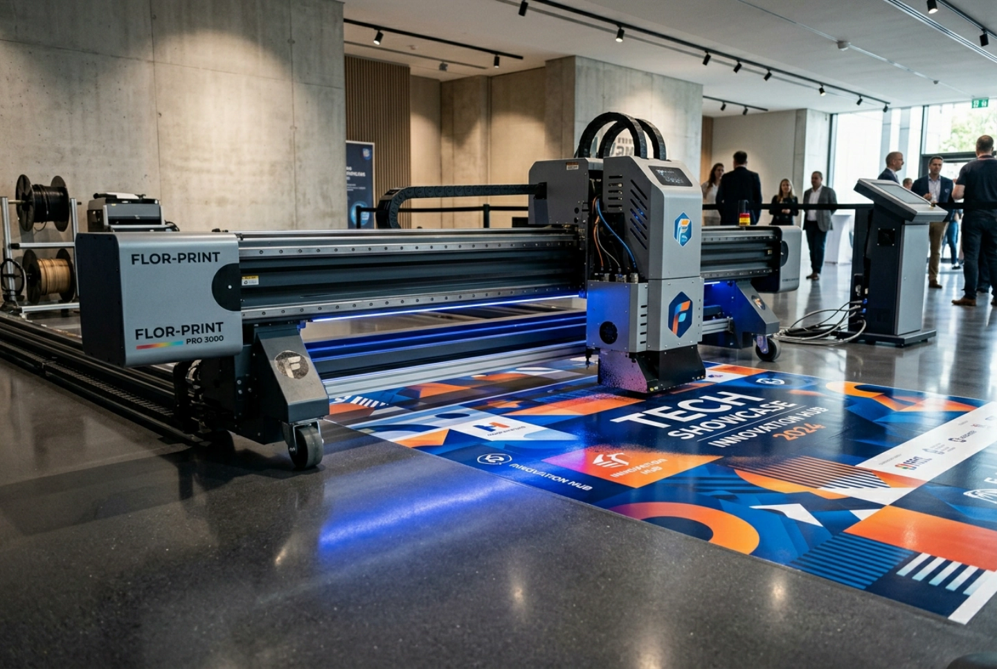 The horizontal floor printer mid-print across a floor surface, with a finished printed floor graphic on tile or epoxy