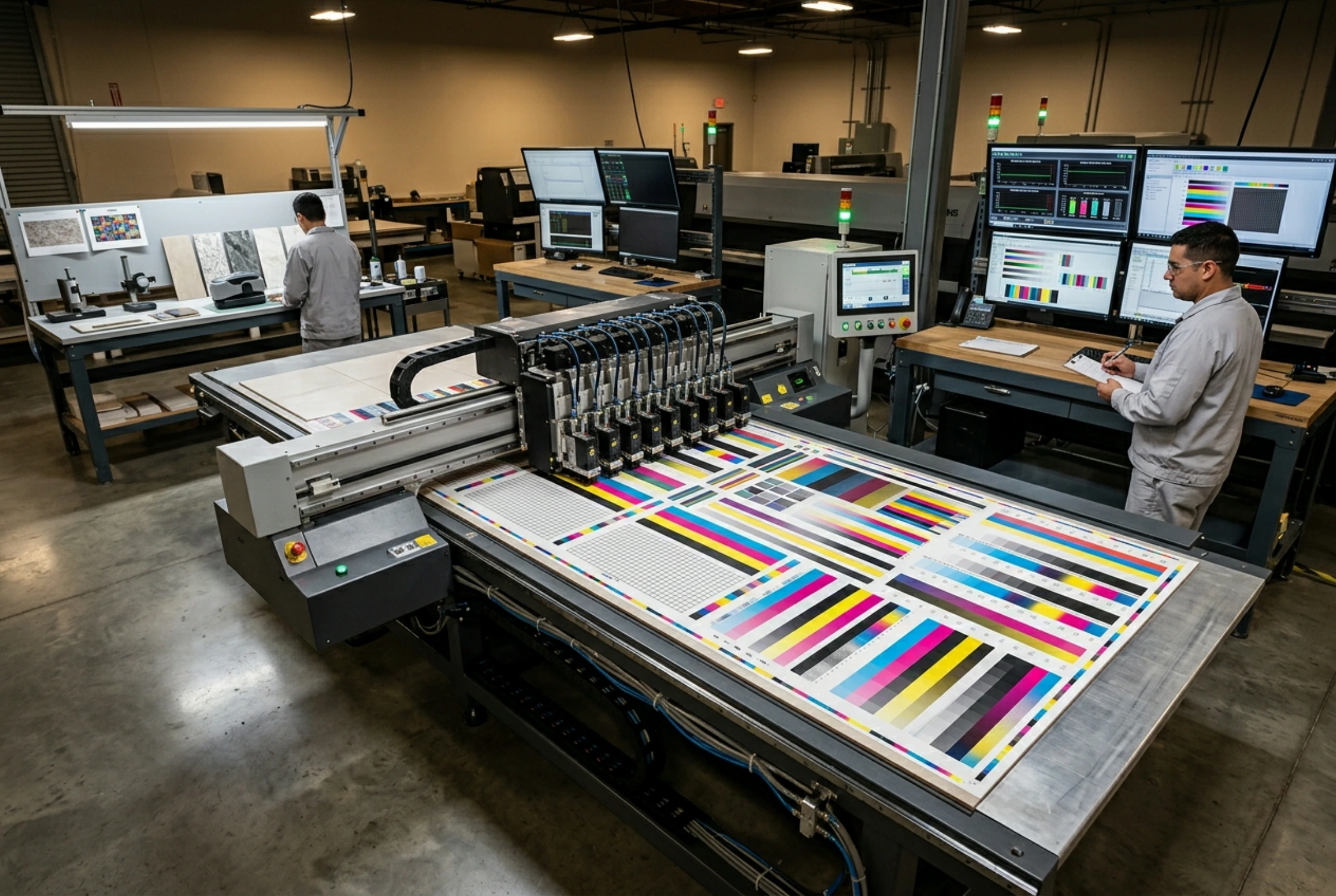 The function-test bench and the burn-in room running 24-hour test patterns on a floor printer