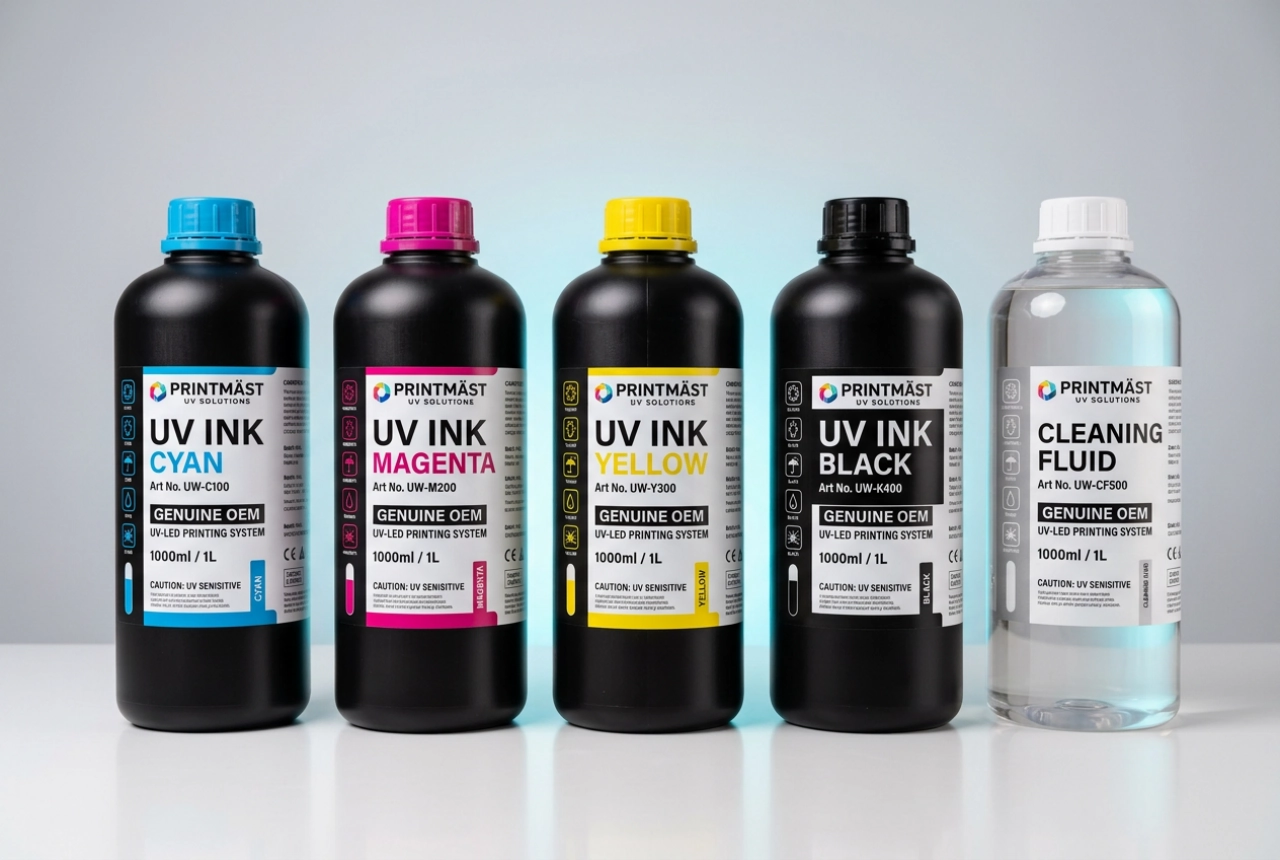Genuine OEM UV wall printer ink bottles and matched cleaning fluid, framed as a matched set for your machine