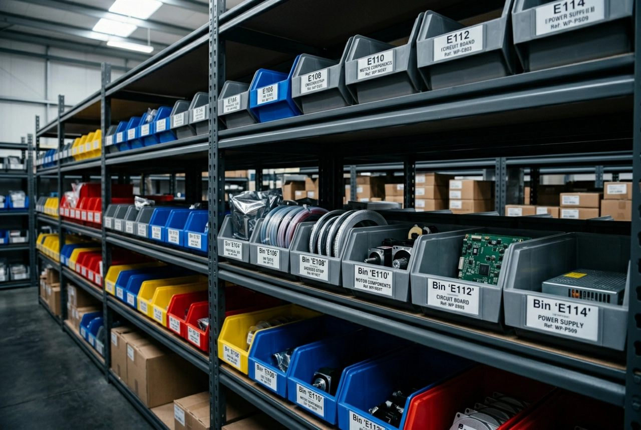Labelled bins of wall printer spare parts on in-house warehouse shelves — genuine replacement parts kept in stock and matched to the machine you run