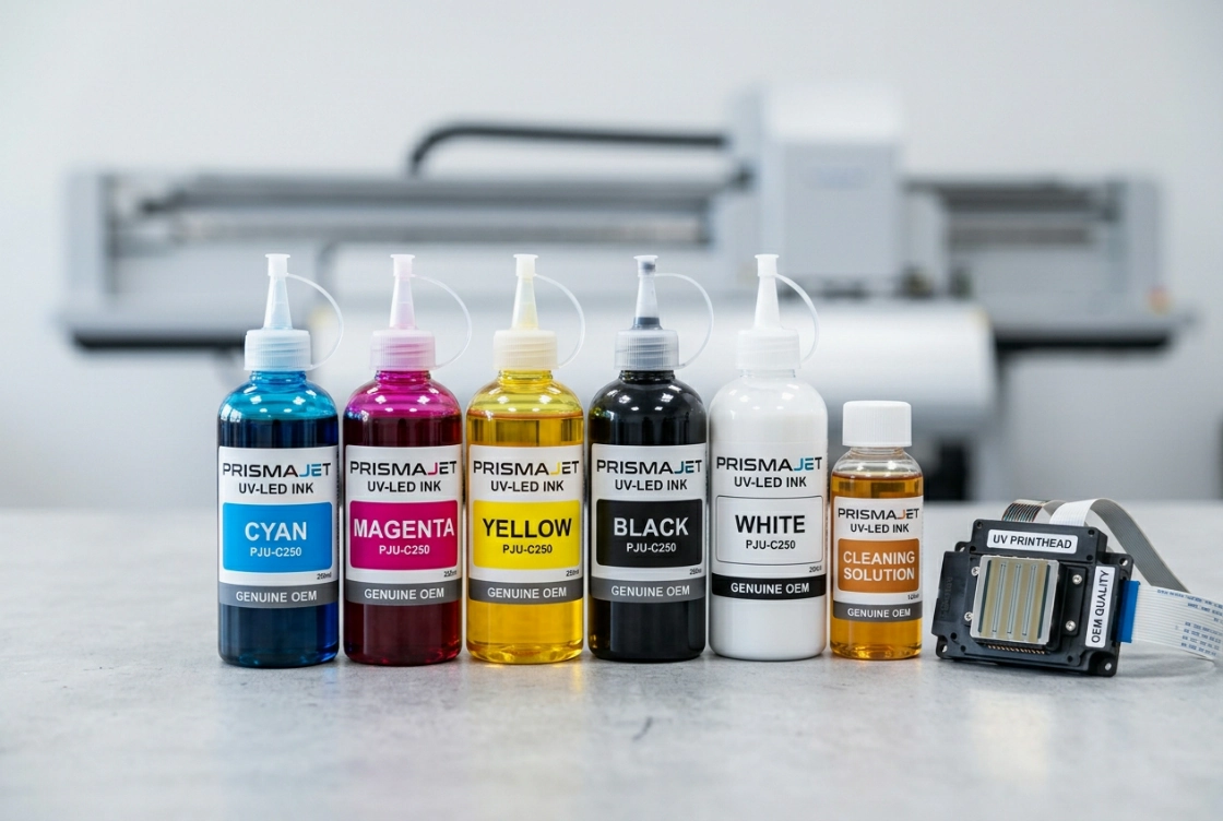 Close-up of genuine OEM UV-curable wall printer ink supply for the WallPrintGear line