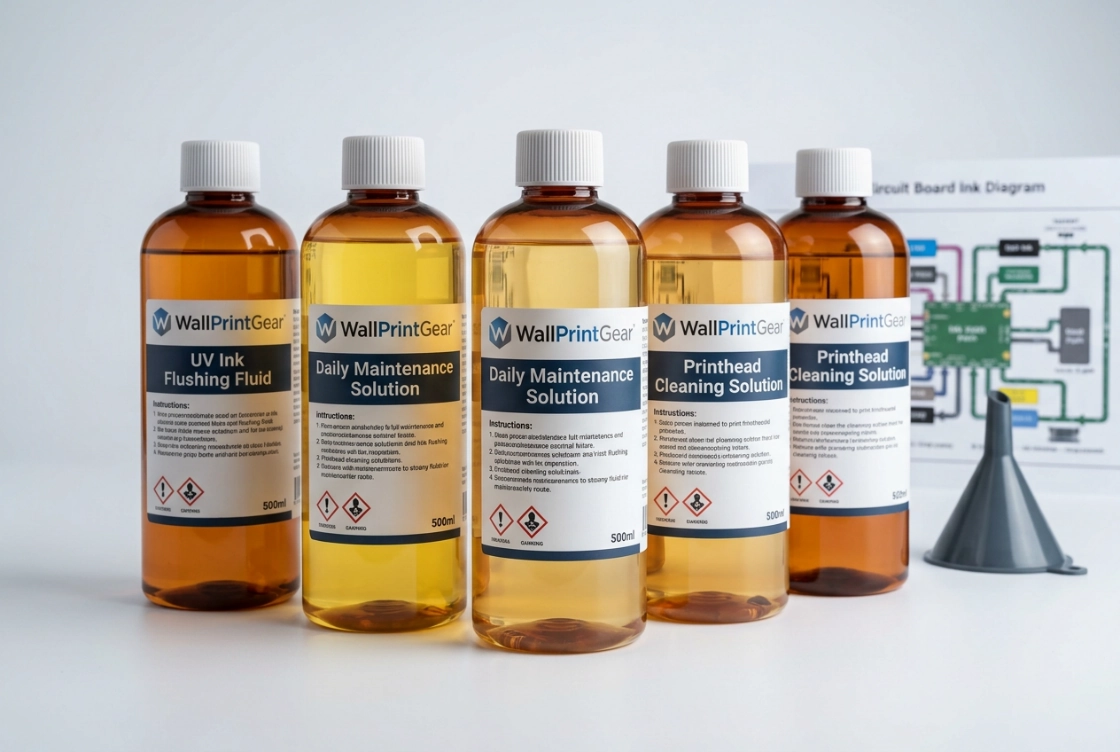 Matched cleaning and flushing fluid for the WallPrintGear UV ink path