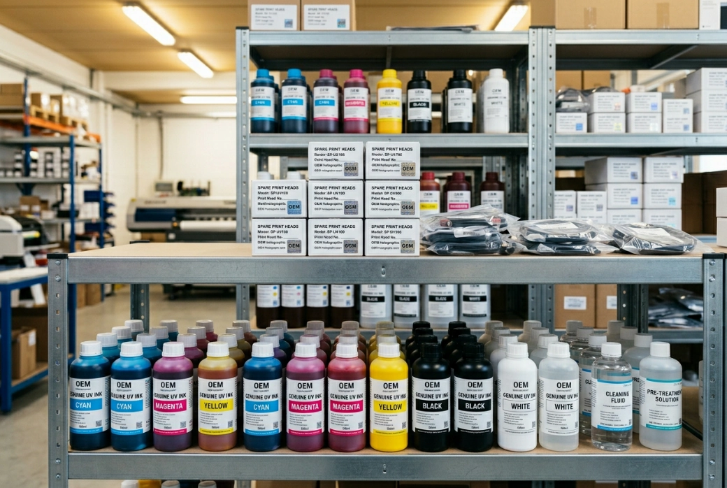 In-house stock of matched inks, cleaning fluids and spare print heads on the factory floor
