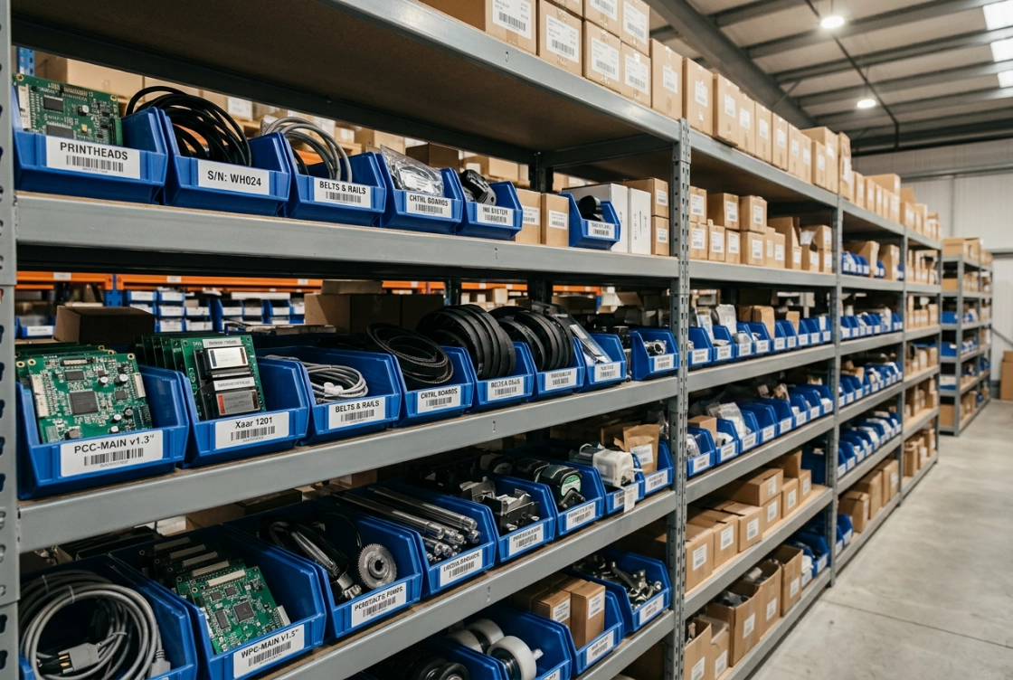 Assorted wall printer replacement parts held by class on in-house stock shelves — heads, motion parts, electronics and wear parts