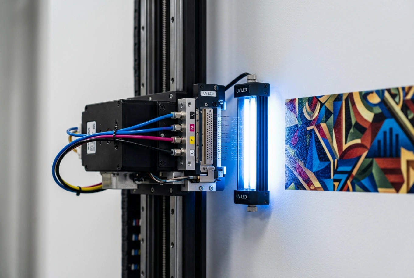 Close-up of a print head laying ink onto a wall surface row by row as a UV LED cures it