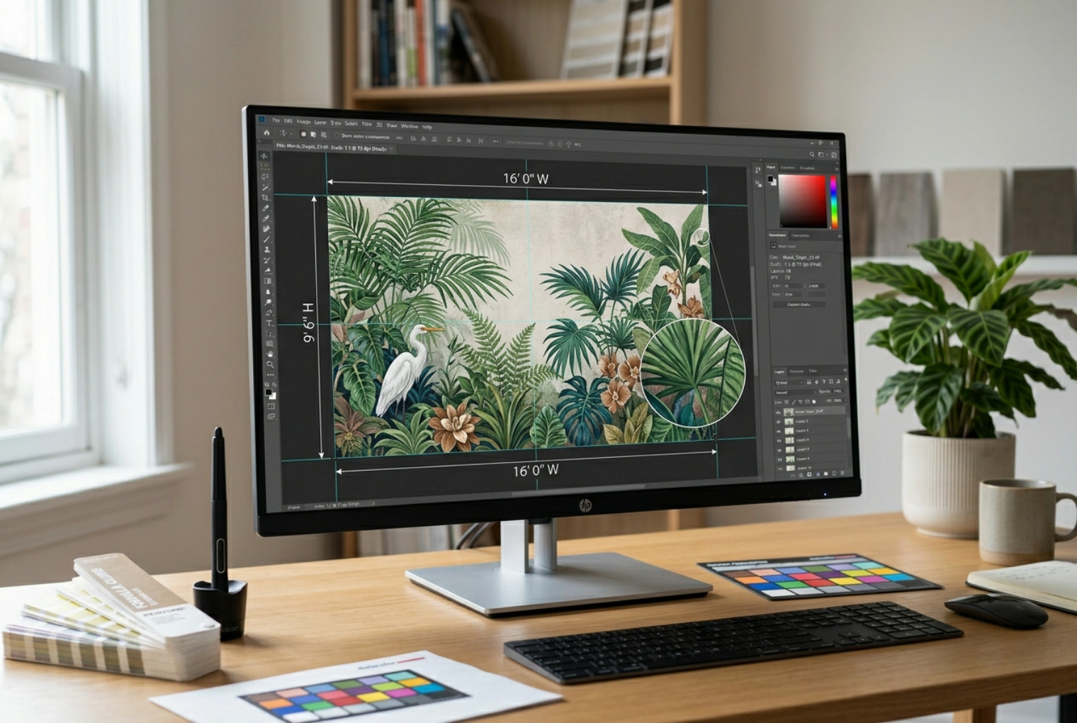 A print-ready wall design file sized to the real surface on screen