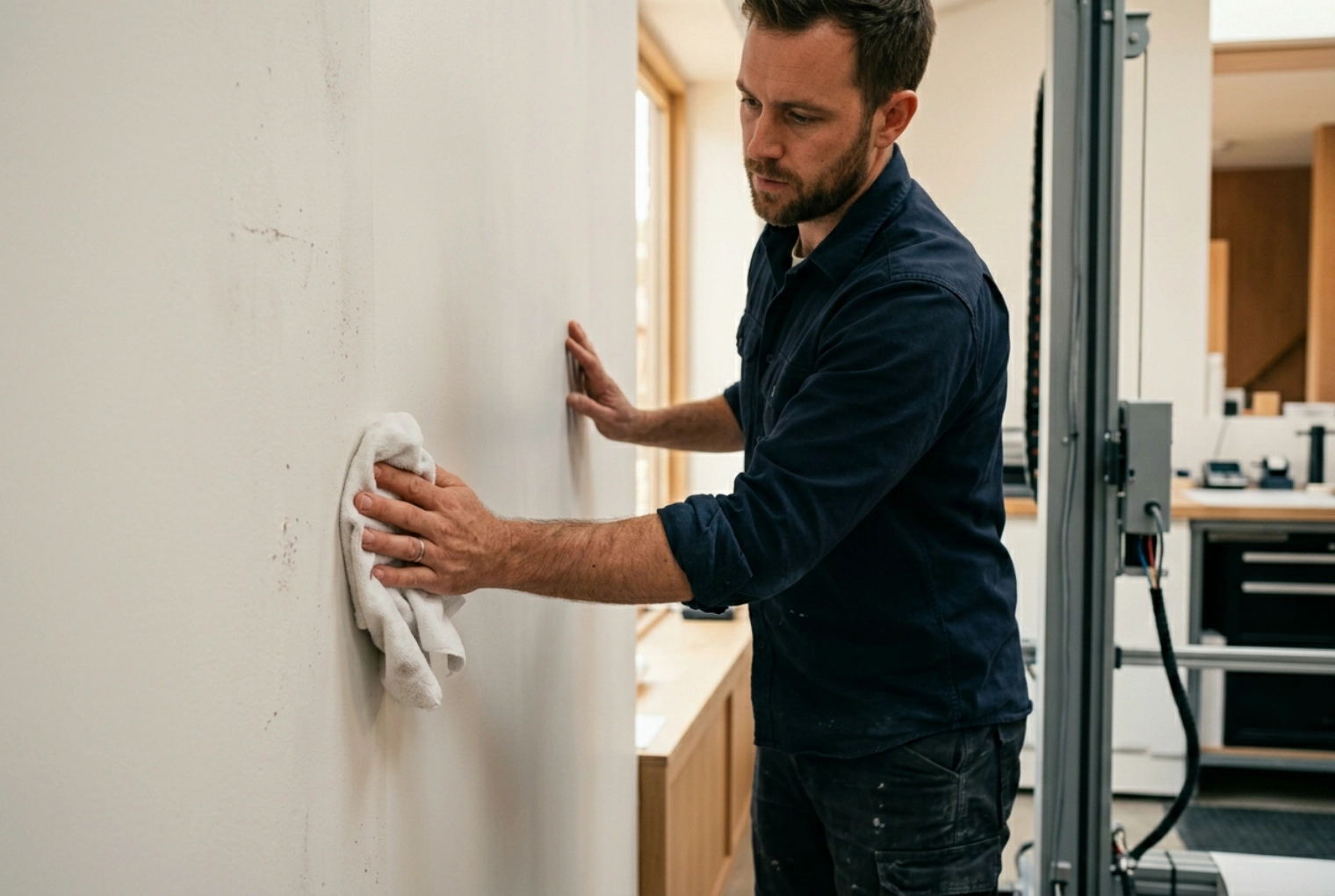 A wall surface being cleaned and prepared so ink has an even base to bond to
