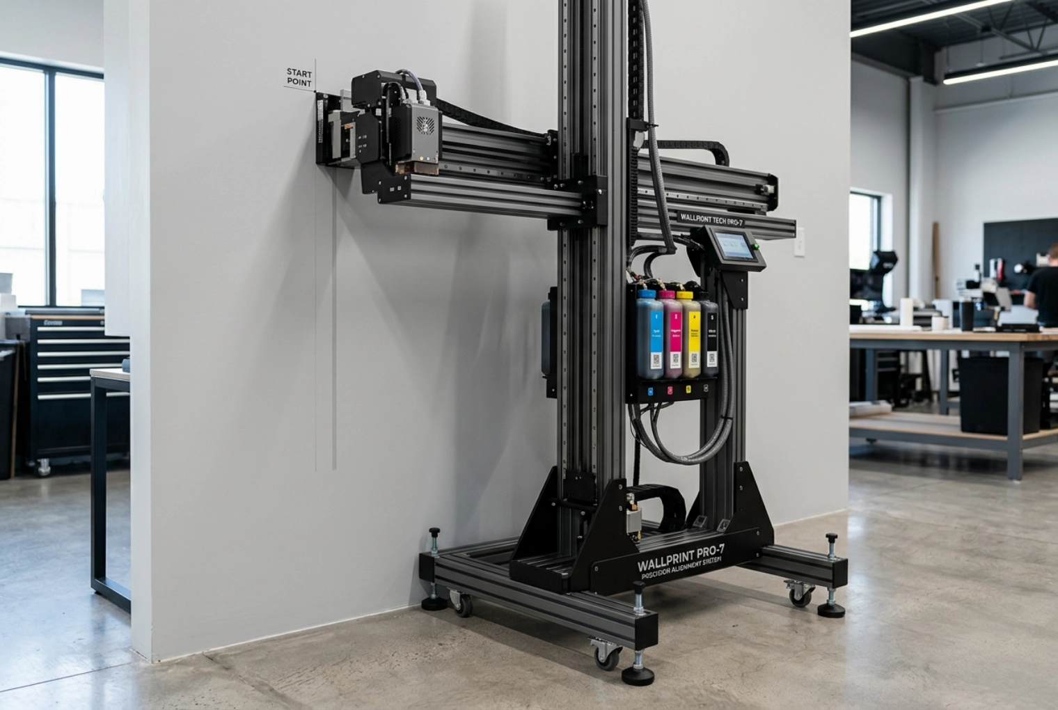 A wall printer positioned and squared up against the wall before printing
