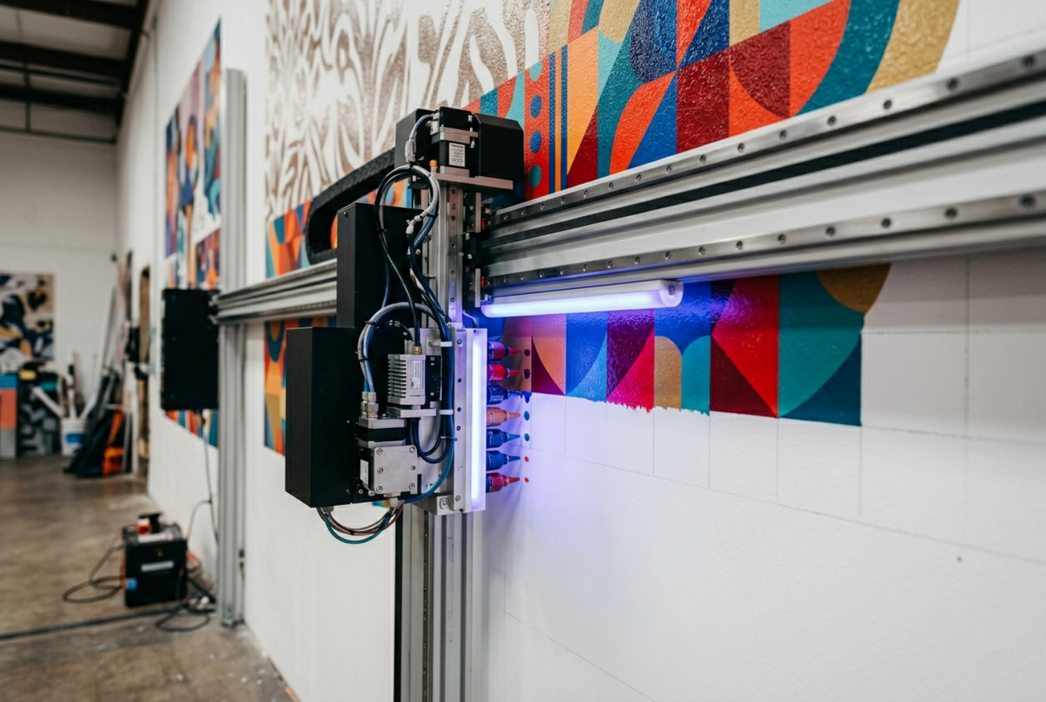 The print head laying ink across the wall row by row while the UV LED cures each pass